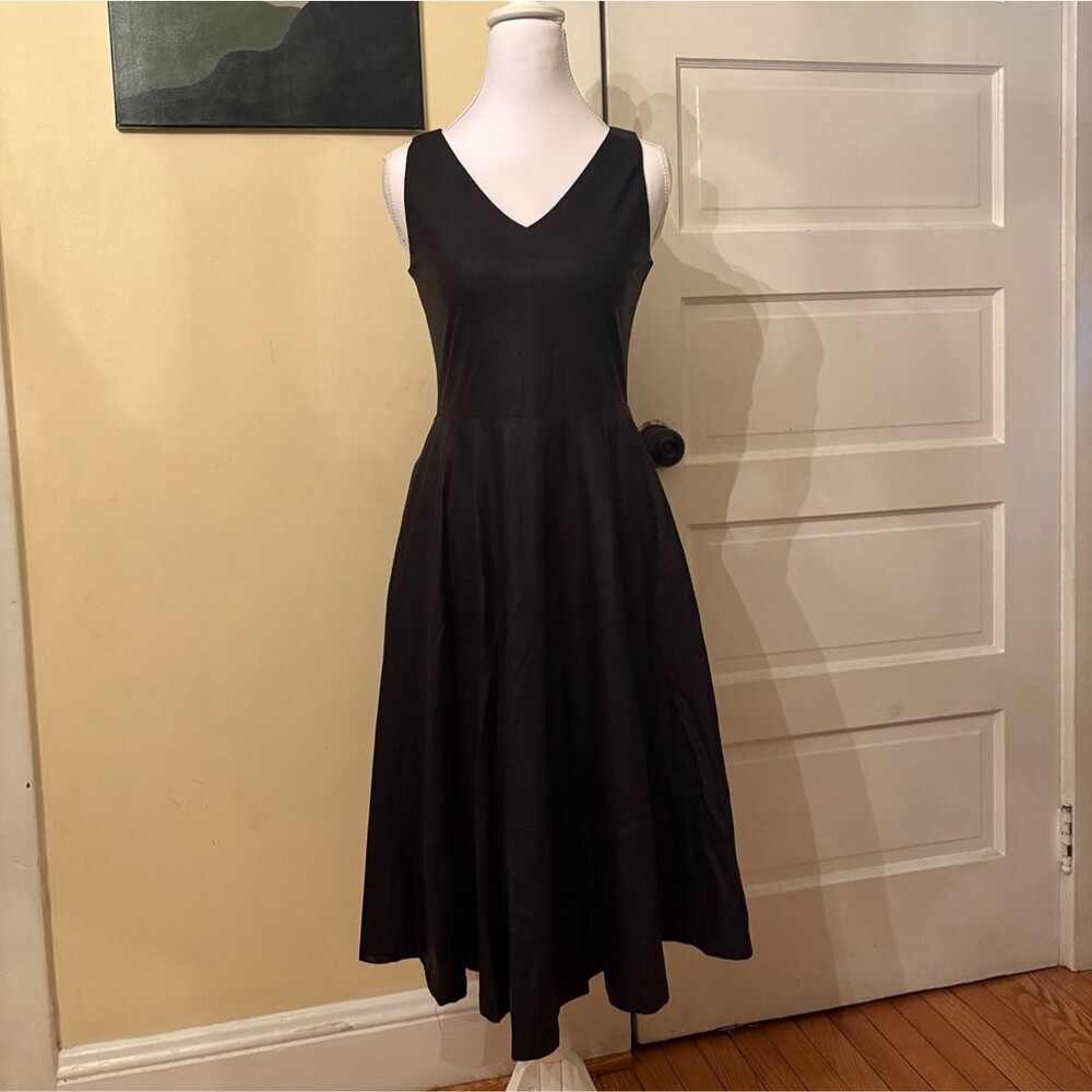 Agnes & Dora pleather Fisher fit and flare dress black gold pockets zipper